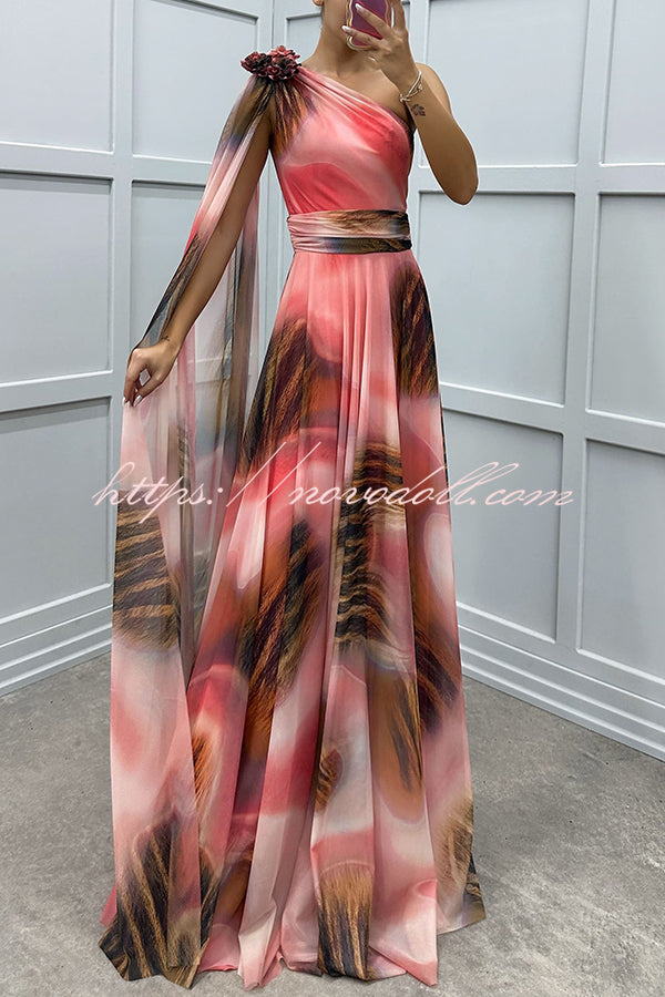 Lucia Unique Print Floral Detail One Shoulder Draped Sleeve Gown Maxi Dress