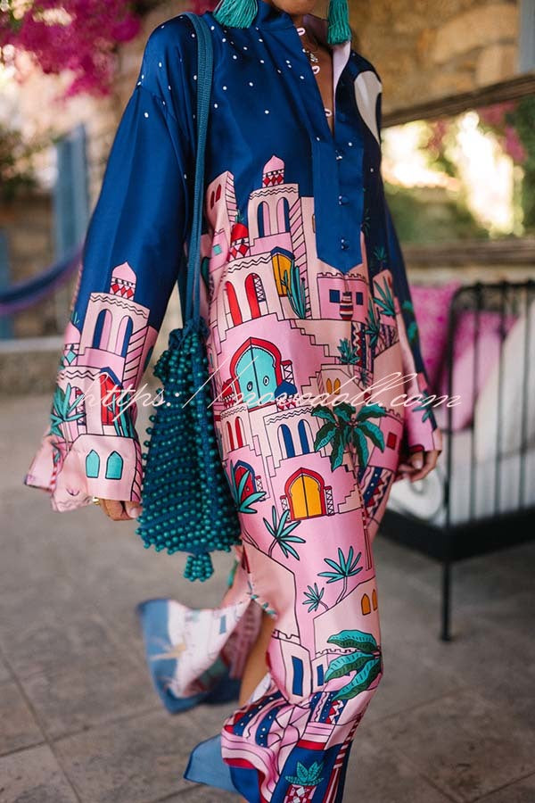 Seaside Stroll Satin Unique Print Button Up Long Sleeve Slit Kaftan Midi Dress