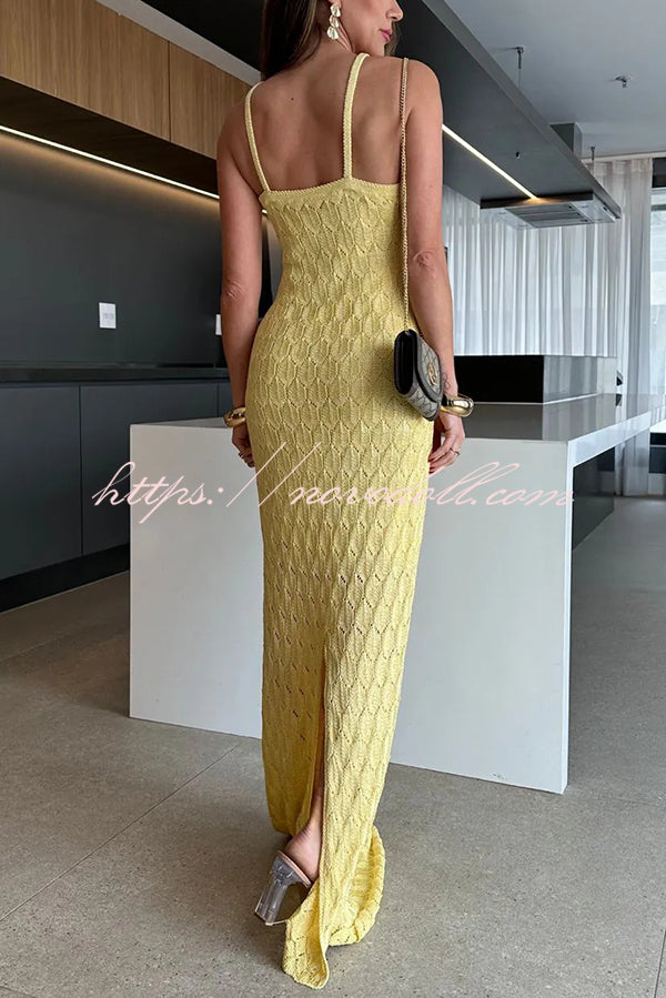 Solid Color Knitted Open Back Slim Slit Maxi Dress
