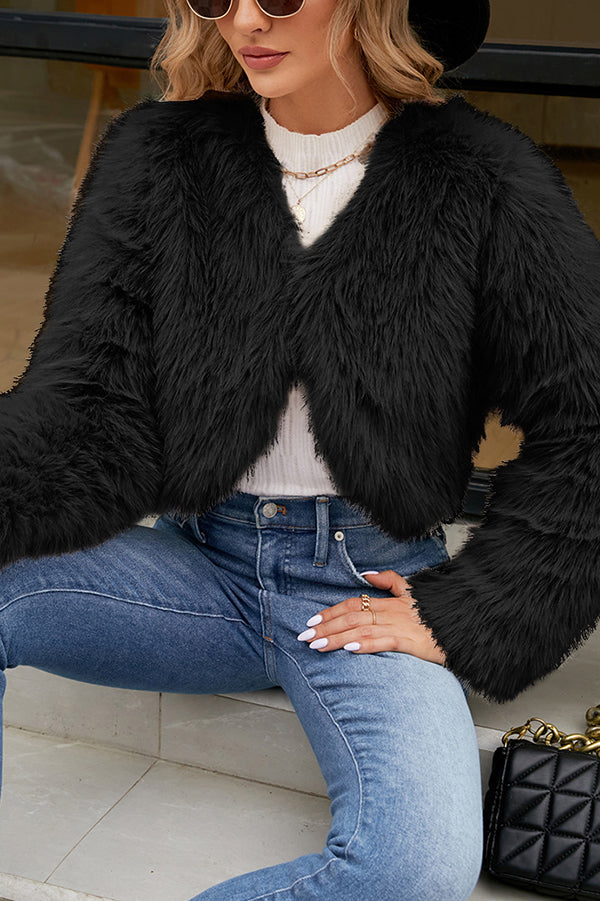 Stylish Long Sleeve Short Casual Faux Fur Jacket