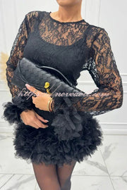 Alyssa Lace Fabric Tulle Layered Petals Trim Long Sleeve Mini Dress