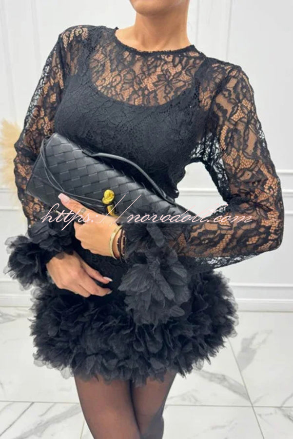 Alyssa Lace Fabric Tulle Layered Petals Trim Long Sleeve Mini Dress