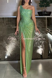 Elisabeth Sequin Pleated Design One Shoulder Slit Drape Gown Maxi Dress