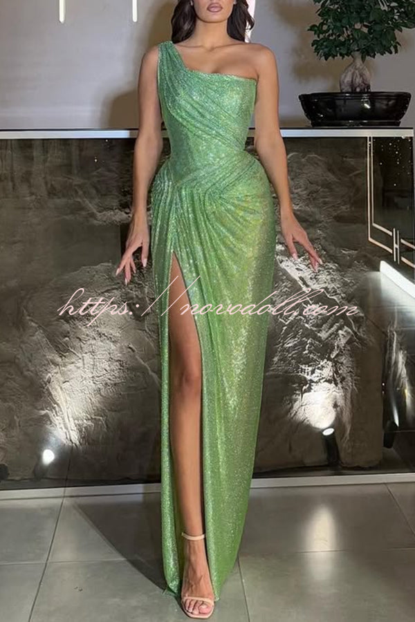 Elisabeth Sequin Pleated Design One Shoulder Slit Drape Gown Maxi Dress