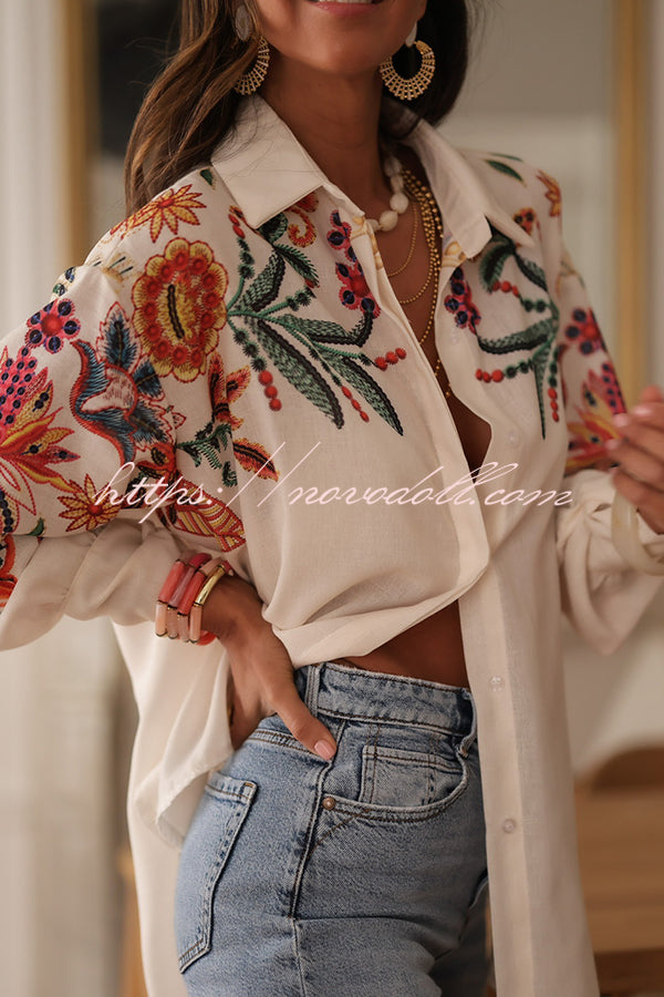 Botanical Print Loose Lapel Long Sleeve Casual Shirt