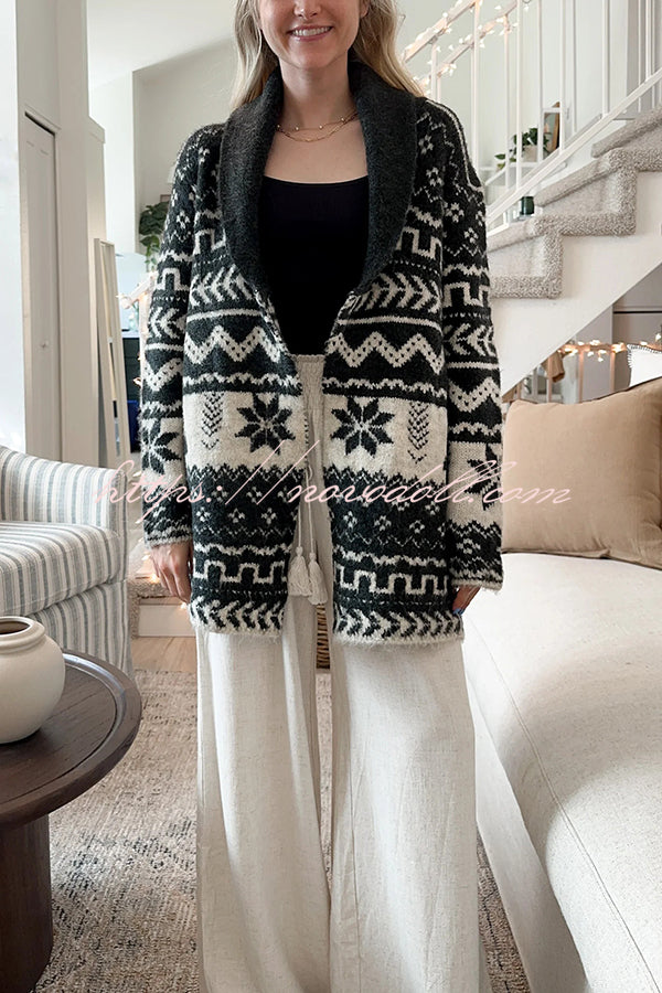 Winter Snowflake Waist Tie Lapel Midi Pocket Knit Cardigan