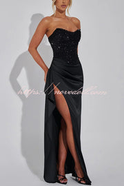 Amazing Dream Sequin Satin Patchwork Off Shoulder Ruffles Drape Slit Maxi Dress