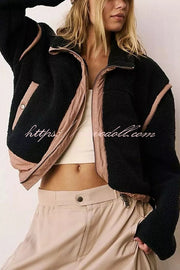 Stylish Patchwork Stand Collar Sherpa Zipper Jacket