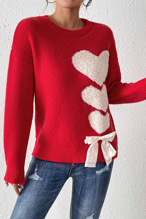 Love Jacquard Loose Cute Bowknitted Long Sleeve Sweater