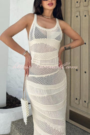 Solid Color Knit Hollow Crew Neck Sleeveless Beach Cover Up Maxi Dress