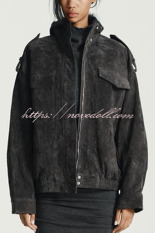 Fashionable Suede Loose Pocket Leather Jacket