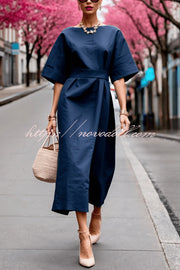 Solid Color Round Neck Half Sleeve Casual Waist Midi Dress