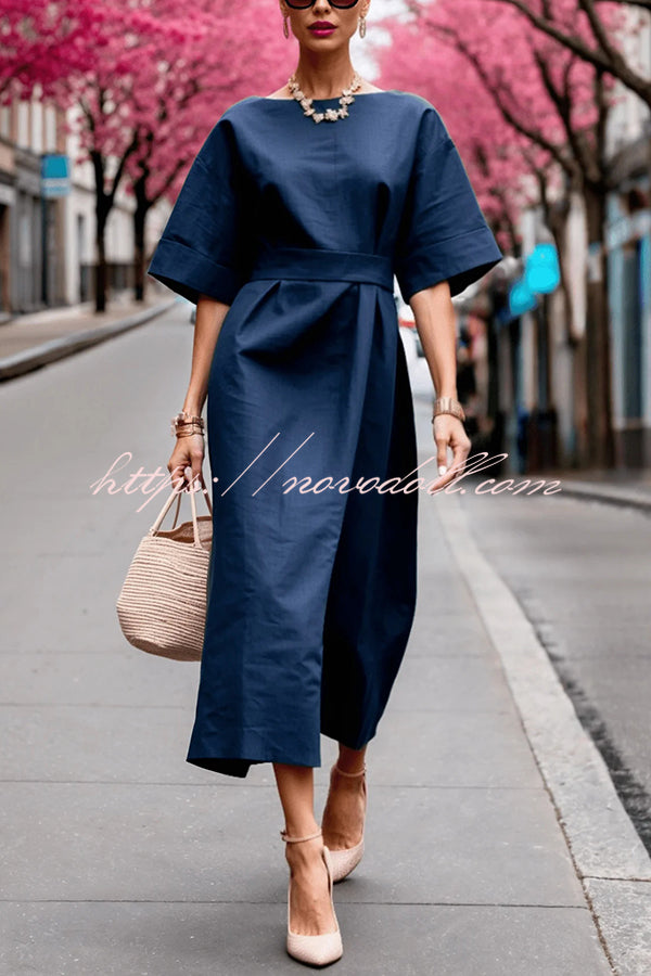 Solid Color Round Neck Half Sleeve Casual Waist Midi Dress