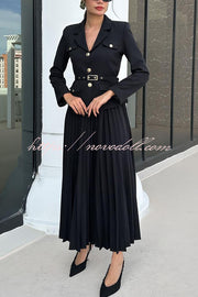 Solid Color Lapel Button Belt Blazer and Pleated Casual Maxi Skirt Set