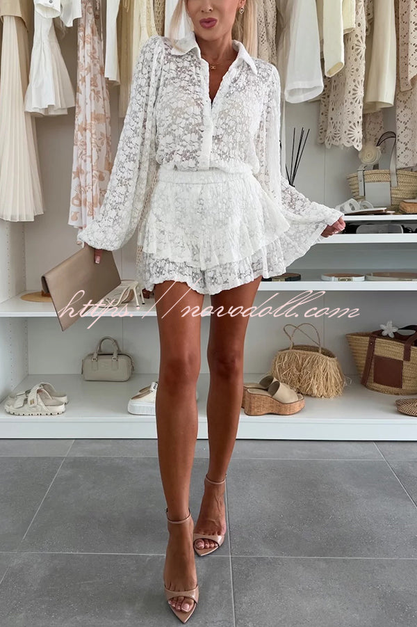 Nicola Lace Long Balloon Sleeve Blouse and Elastic Waist Layered Skort Set