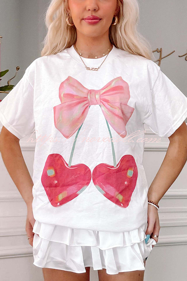 Cherry Bow Print Loose Casual Short Sleeve T-shirt