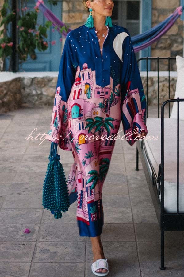 Seaside Stroll Satin Unique Print Button Up Long Sleeve Slit Kaftan Midi Dress