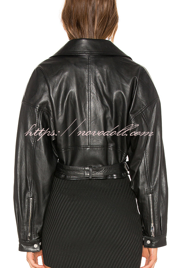 Fashion Lapel Long Sleeve Casual Zipper Pocket Leather Jacket