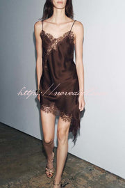 Elouise Satin Lace Trim V-neck Asymmetrical Hem Slip Mini Dress