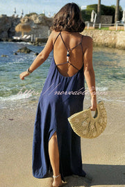 Sunny Beach Straps Unique Beaded Detail Backless Slit Maxi Dress