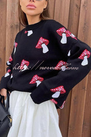 Mushroom Pattern Casual Loose Round Neck Knitted Sweater