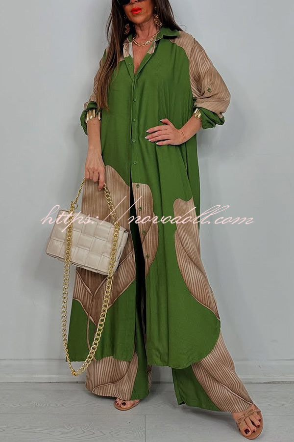 Unique Printed Casual Loose Long Shirt and Elastic Waist Pocket Wide Leg Pants Set