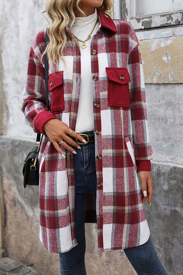 Retro Plaid Casual Long-sleeved Pocket Mid-length Coat