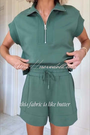 Buttery Touch Half-Zip Short Sleeve Sweatshirt and Elastic Waist Pocket Casual Shorts Set