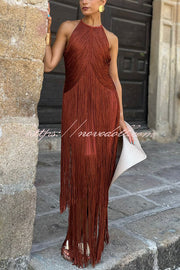 Fashion Sleeveless Halter Neck Elegant Tassel Slim Maxi Dress