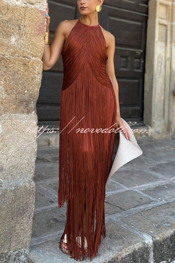 Fashion Sleeveless Halter Neck Elegant Tassel Slim Maxi Dress