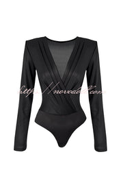 Chic Celebration Glossy Fabric Pleated V-neck Long Sleeve Stretch Bodysuit