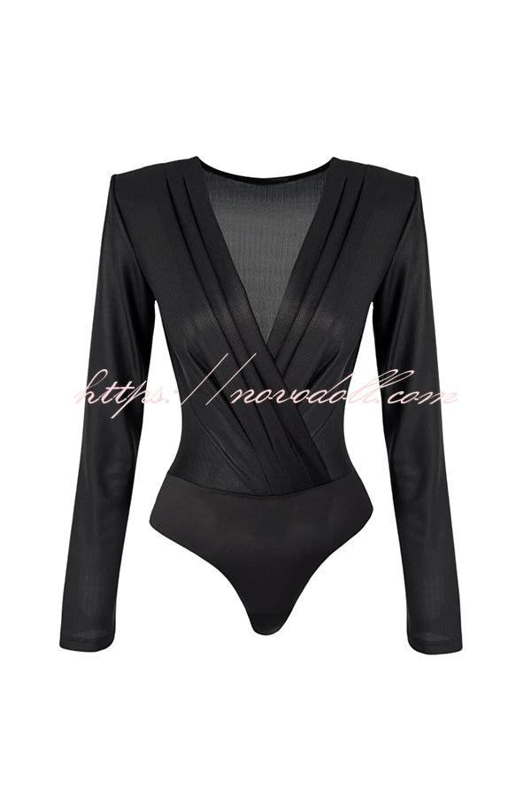 Chic Celebration Glossy Fabric Pleated V-neck Long Sleeve Stretch Bodysuit
