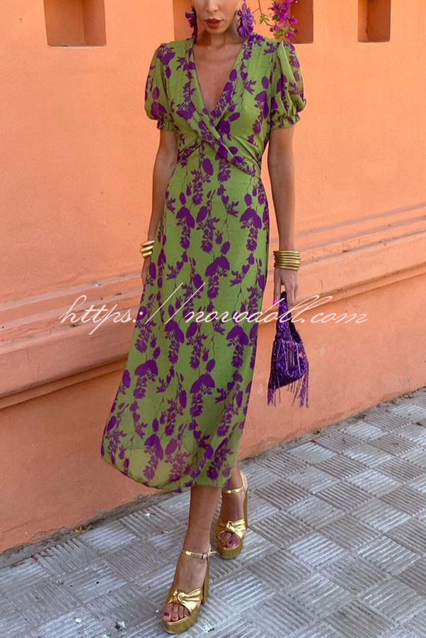 Botanical Print V-neck Puff Sleeve Tie Waist Midi Dress