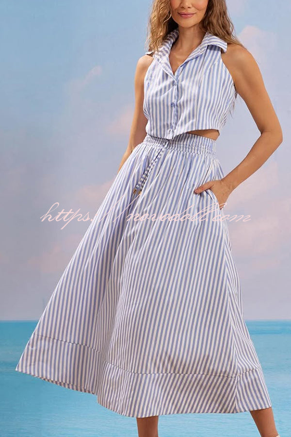 Stripe Print Lapel Sleeveless Button Top and Elastic Waist Casual Maxi Skirt Set