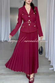 Solid Color Lapel Button Belt Blazer and Pleated Casual Maxi Skirt Set