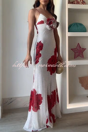 Vanna Poka Dot Floral Print 3D Flower Detail Slip Maxi Dress