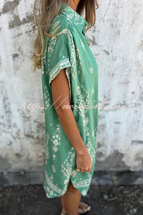 Linen Blend Unique Print Lapel Casual Pocket Mini Dress