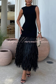 Christie Ribbed Patchwork Tiered Fringed Hem Zipper Backless Maxi Dress