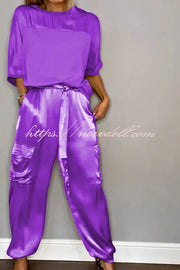 Calissa Smooth Satin Half-sleeved Top and Elastic Waist Pocket Pants Set