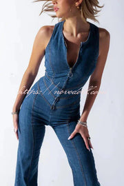 Fashionable Heart Hollow Back Slim High Waist Flared Denim Jumpsuit