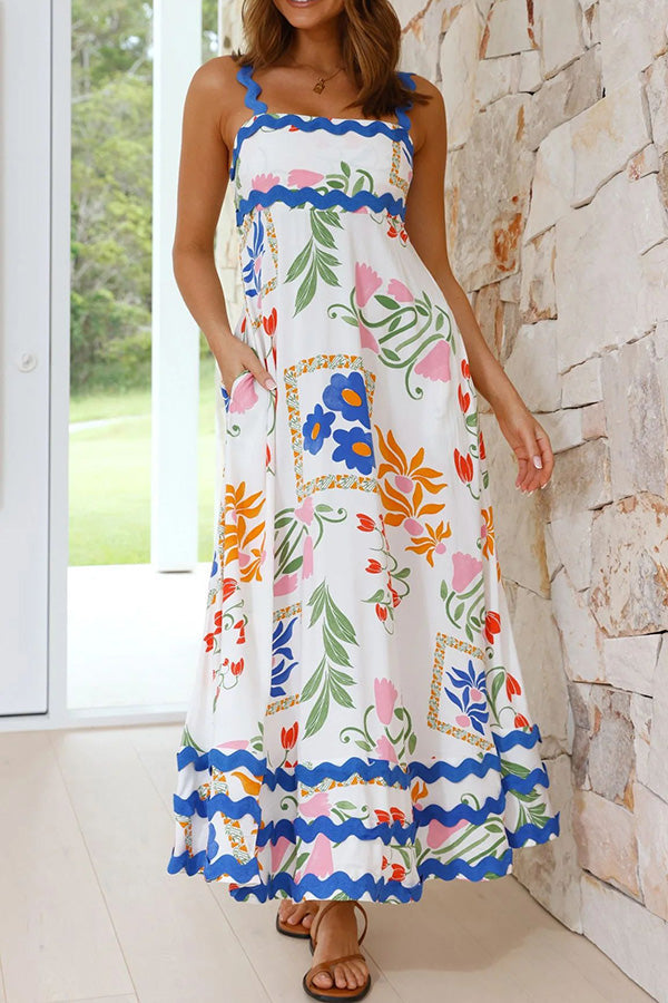 Vivi Fruit Floral Print Wave Pocket Maxi Dress