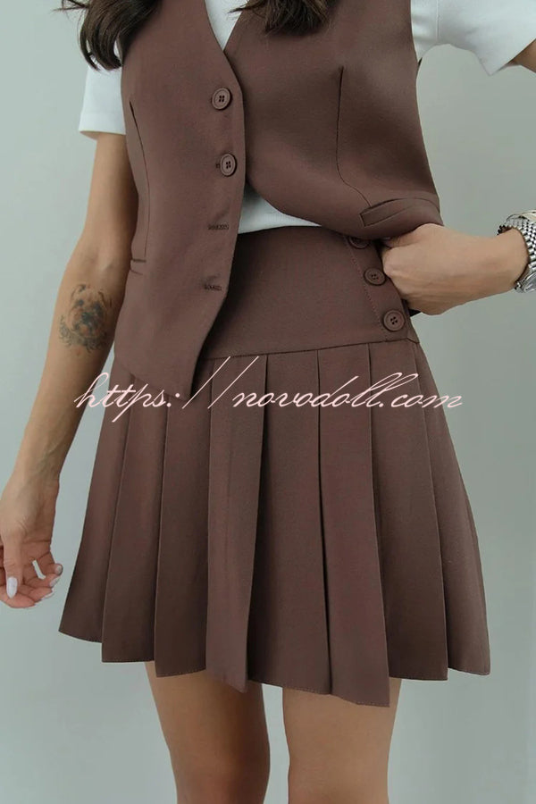 Solid Color Sleeveless Buttoned Vest and High-waisted Pleated Mini Skirt Set