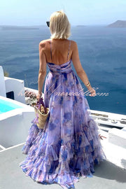 Dreamy Clouds Tulle Printed Rose Detail Cutout Ruffles Tiered Halter Maxi Dress