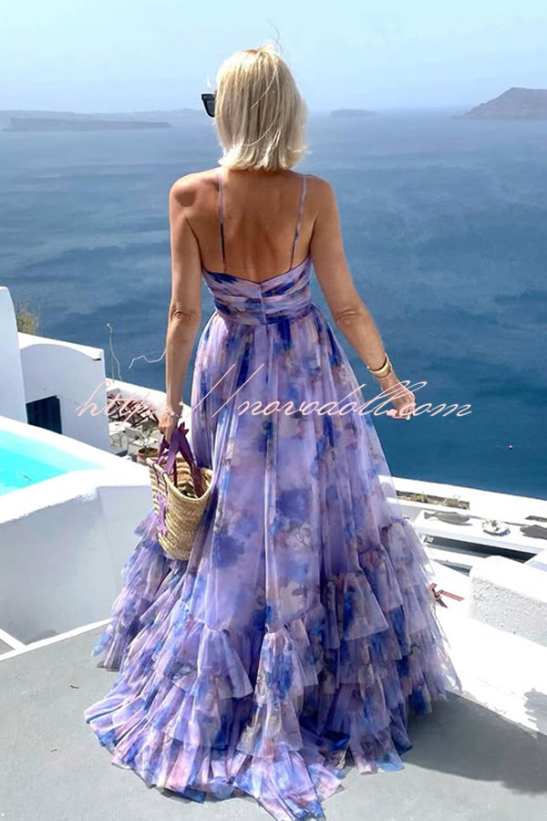 Dreamy Clouds Tulle Printed Rose Detail Cutout Ruffles Tiered Halter Maxi Dress