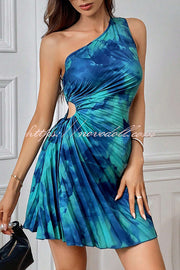 Fashion Tie-Dye One-Shoulder Hollow Pleated Mini Dress