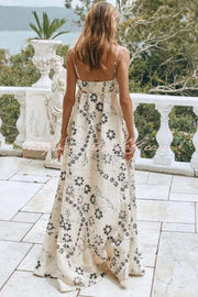 Linen Blend Floral Print Strappy Full-hem Backless Maxi Dress