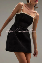 Sweet Poetry Velvet Pearl Trim Straps Pocketed Tulip Style Mini Dress