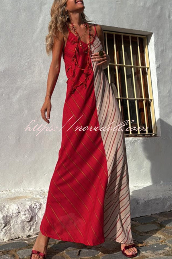 Fashionable Splicing V-neck Suspenders Loose Maxi Dress