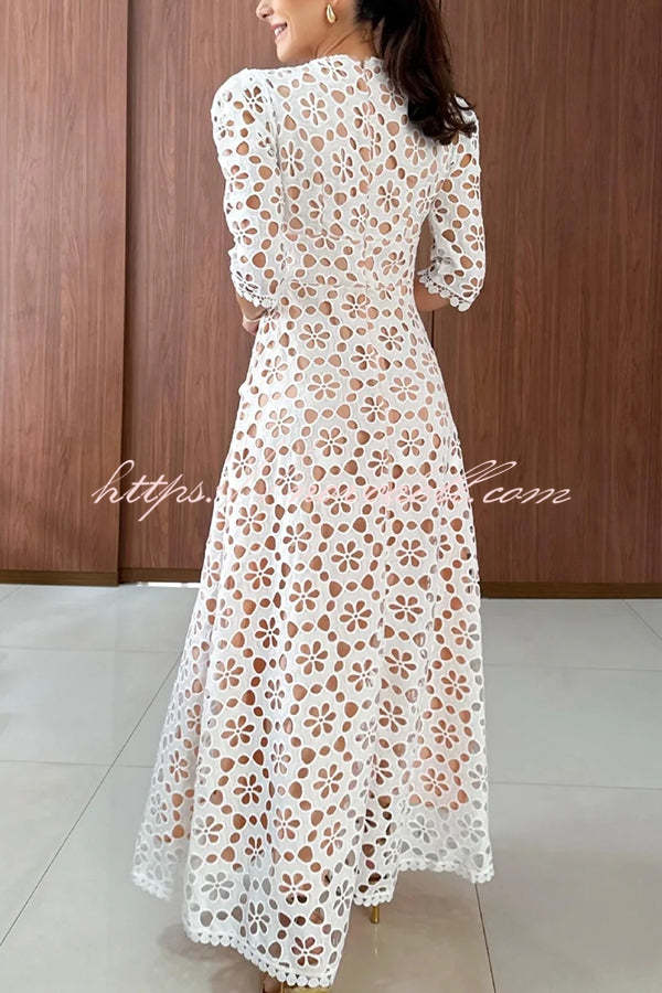 Best Day Ever Crochet Floral Lace Puff Sleeve Lined Maxi Dress