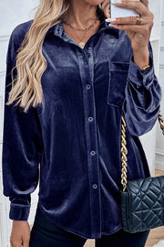 Solid Color Velvet Casual Lapel Pocket Loose Shirt